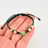 Pulsera Tejida Verde Bolas Lisas Corazón Esmeralda 60pts Oro Amarillo 18K