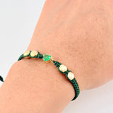 Pulsera Tejida Verde Bolas Lisas Corazón Esmeralda 60pts Oro Amarillo 18K