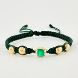 Pulsera Tejida Verde Bolas Diamantadas Cuadrado 70pts Oro Amarillo 18K