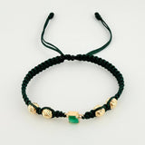 Pulsera Tejida Verde Bolas Diamantadas Cuadrado 70pts Oro Amarillo 18K