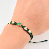 Pulsera Tejida Verde Bolas Diamantadas Cuadrado 70pts Oro Amarillo 18K