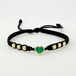 Pulsera Tejida Negra Bolas Diamantadas Corazón Esmeralda 60pts Oro Amarillo 18K