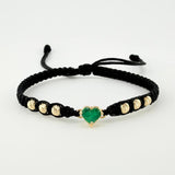 Pulsera Tejida Negra Bolas Diamantadas Corazón Esmeralda 60pts Oro Amarillo 18K