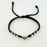 Pulsera Tejida Negra Bolas Diamantadas Corazón Esmeralda 60pts Oro Amarillo 18K