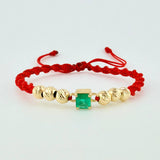 Pulsera Tejida Roja Bolas Diamantadas Cuadrado Esmeralda 70pts Oro Amarillo 18K