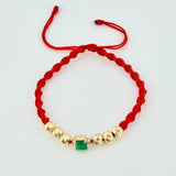 Pulsera Tejida Roja Bolas Diamantadas Cuadrado Esmeralda 70pts Oro Amarillo 18K