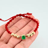 Pulsera Tejida Roja Bolas Diamantadas Cuadrado Esmeralda 70pts Oro Amarillo 18K