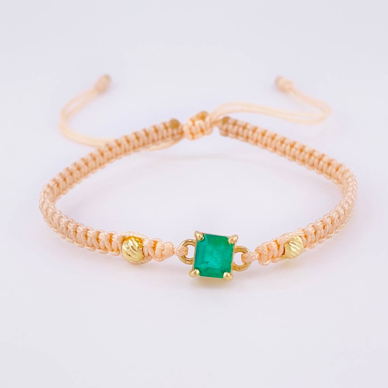 Pulsera Tejida Rosa Bolas Diamantadas Cuadrado Esmeralda 70pts Oro Amarillo 18K