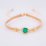 Pulsera Tejida Rosa Bolas Diamantadas Cuadrado Esmeralda 70pts Oro Amarillo 18K