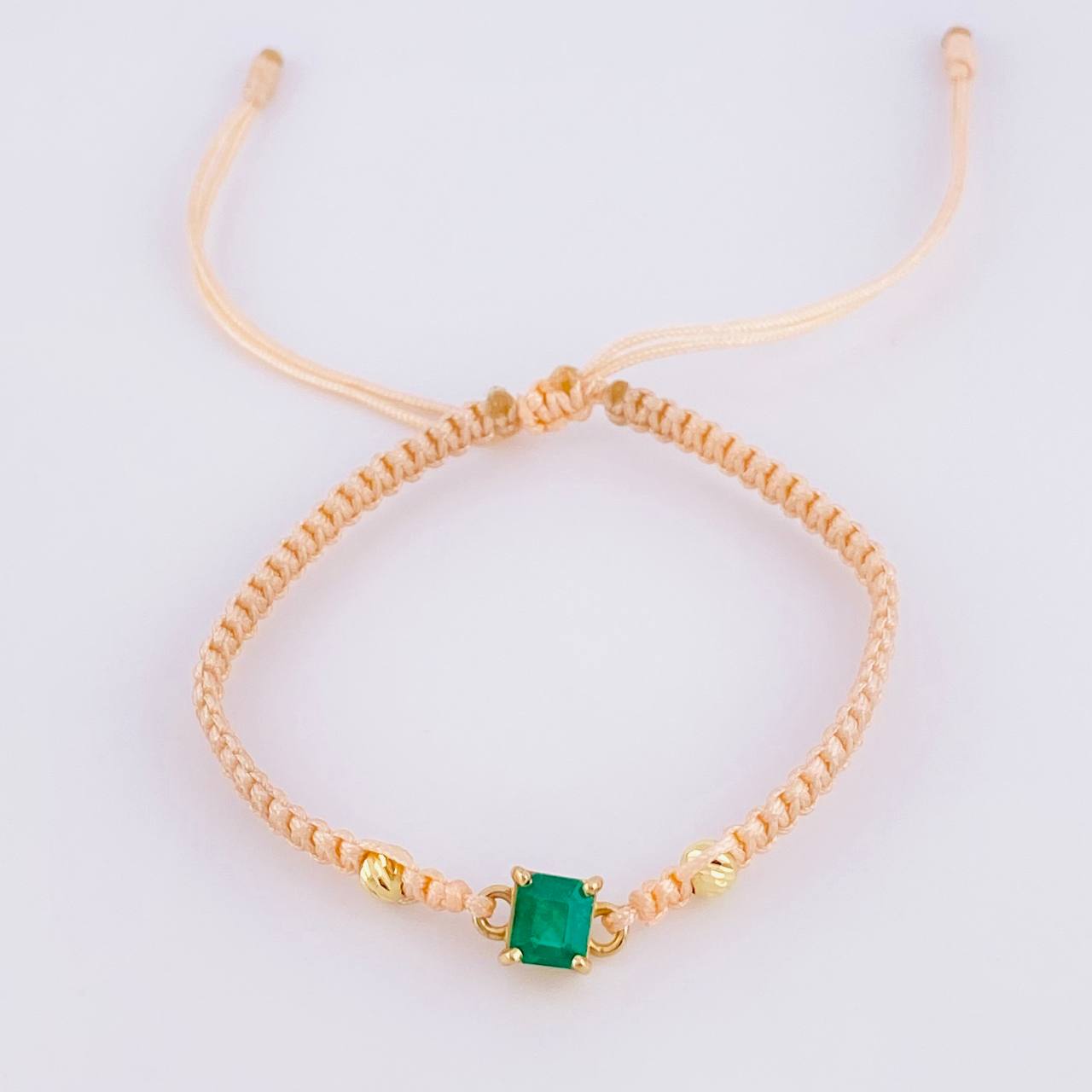 Pulsera Tejida Rosa Bolas Diamantadas Cuadrado Esmeralda 70pts Oro Amarillo 18K