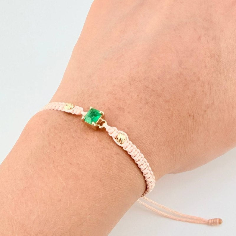 Pulsera Tejida Rosa Bolas Diamantadas Cuadrado Esmeralda 70pts Oro Amarillo 18K