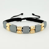Pulsera Tejida Negra Cilindros Diamantados Piedra Hematita Oro Amarillo 18K *