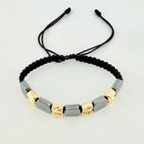 Pulsera Tejida Negra Cilindros Diamantados Piedra Hematita Oro Amarillo 18K