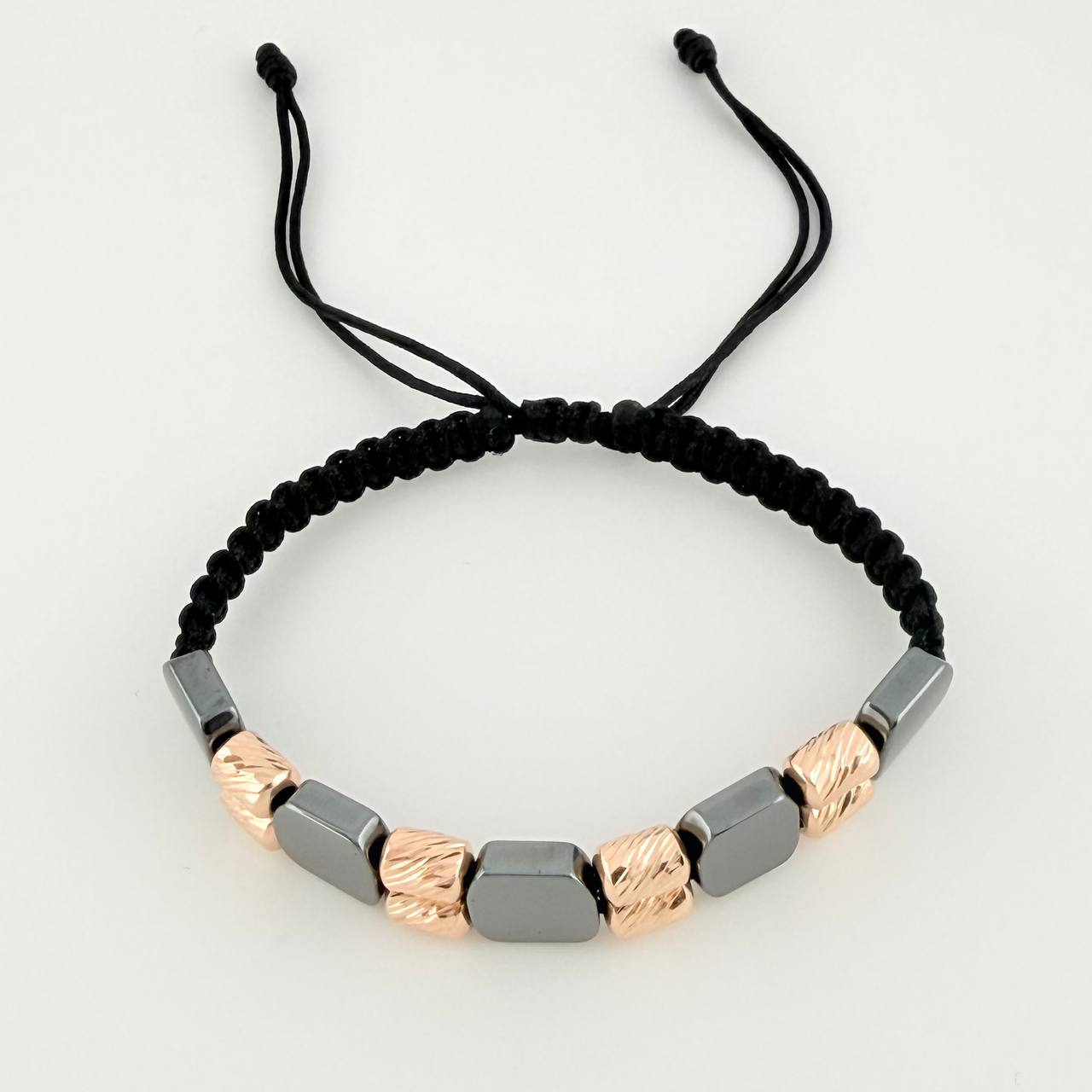 Pulsera Tejida Negra Cilindros Diamantados Piedra Hematita Oro Rosa 18K