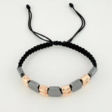 Pulsera Tejida Negra Cilindros Diamantados Piedra Hematita Oro Rosa 18K