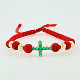 Pulsera Tejida Roja Bolas Diamantadas Cruz Esmeralda 43pts Oro Amarillo 18K