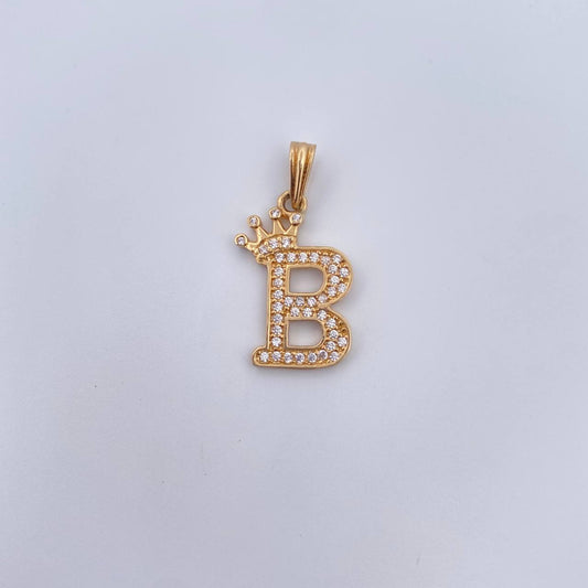 Dije Letra B Corona 1.55gr / 2.4cm / Circones Blancos Oro Amarillo 18K &