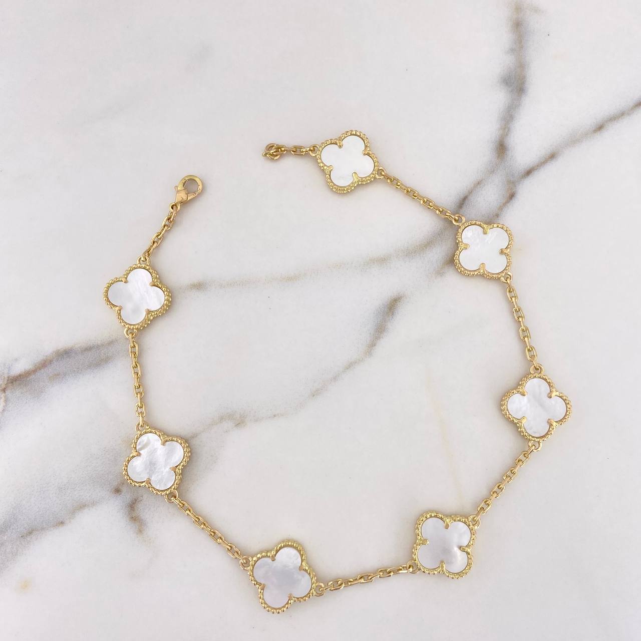 Tobillera Aro Seguido Trebol 19.25gr / 29cm / 2mm Nacar Blanco Oro Amarillo Nac.Esp. 18K $