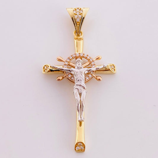 Dije Cruz Cristo Timón 5.25 g / 4.7 cm Tres Oros 18K