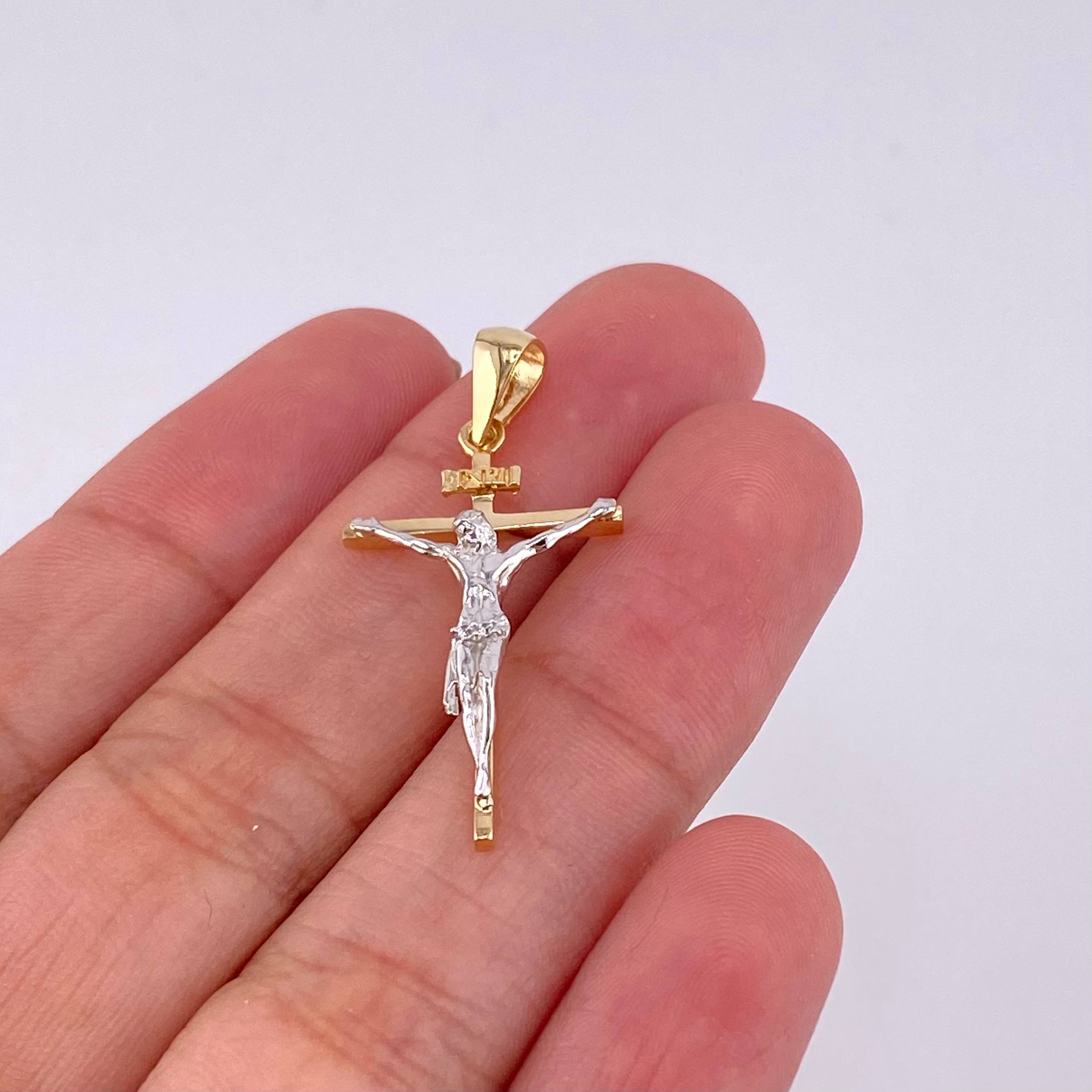 Dije Cruz Cristo 2.35 g / 3.5 cm Dos Oros Amarillo Blanco 18K