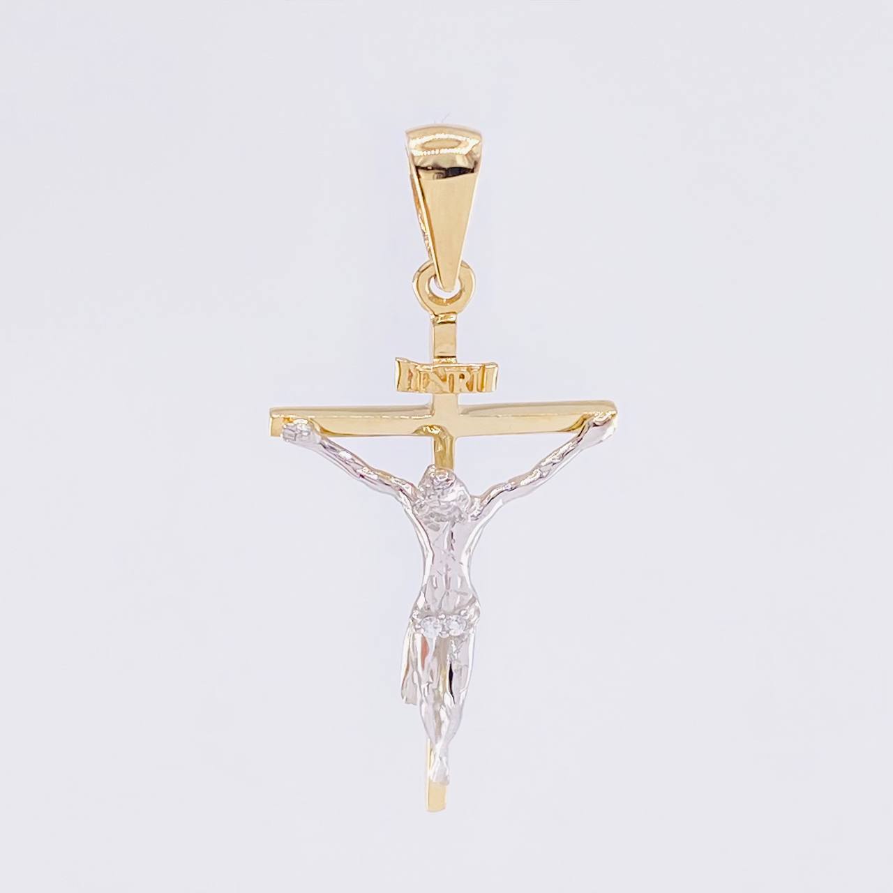 Dije Cruz Cristo 2.35 g / 3.5 cm Dos Oros Amarillo Blanco 18K