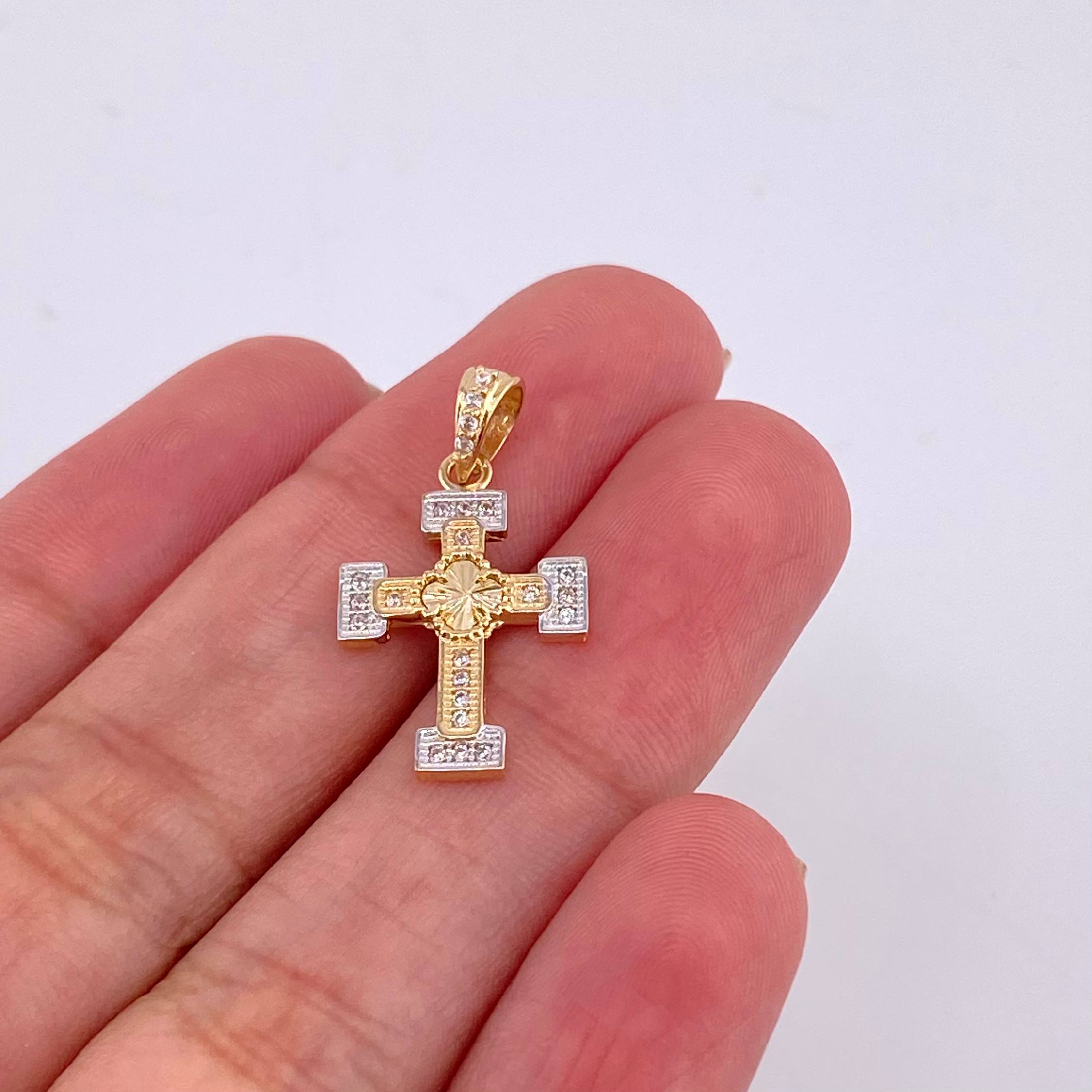 Dije Cruz Trebol Tupida 1.6 g / 2.2 cm Dos Oros Amarillo Blanco 18K