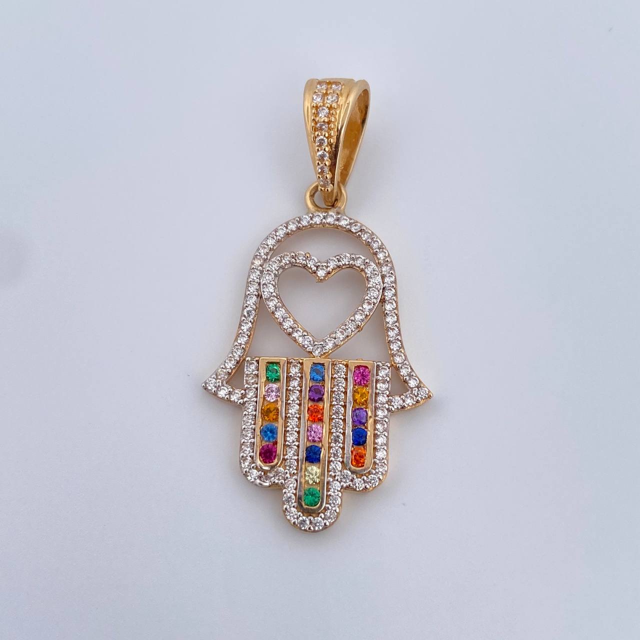 Dije Mano Hamsa 4.35gr / 3.8cm / Circones De Colores Oro Amarillo 18K &