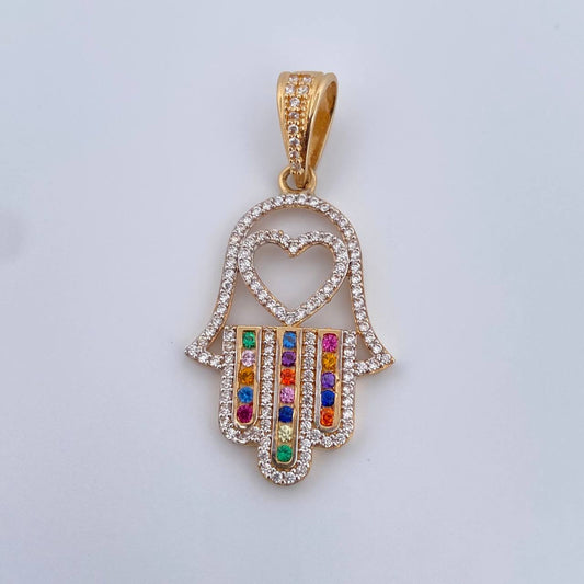 Dije Mano Hamsa 4.35gr / 3.8cm / Circones De Colores Oro Amarillo 18K &