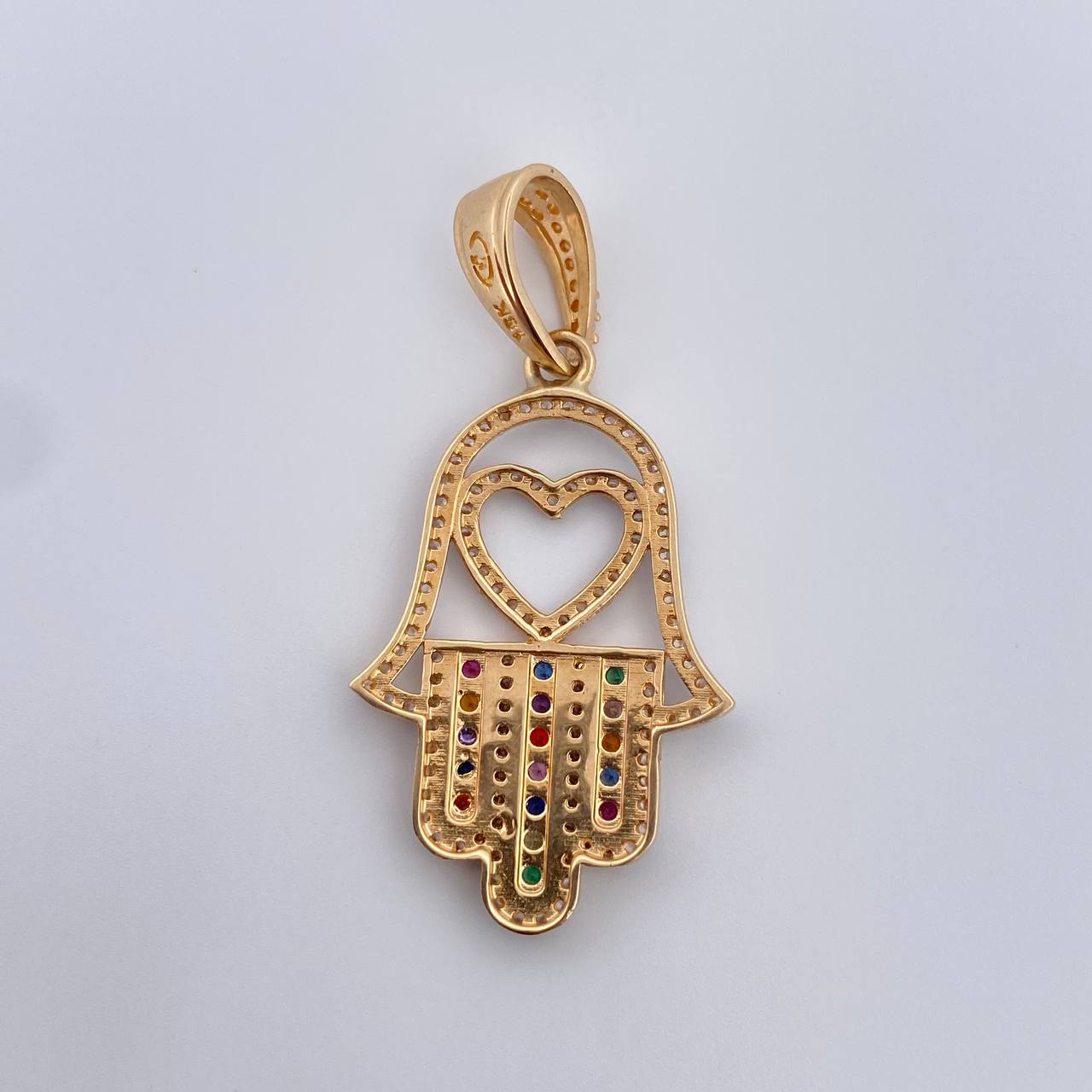 Dije Mano Hamsa 4.35gr / 3.8cm / Circones De Colores Oro Amarillo 18K &
