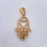 Dije Mano Hamsa 4.35gr / 3.8cm / Circones De Colores Oro Amarillo 18K &