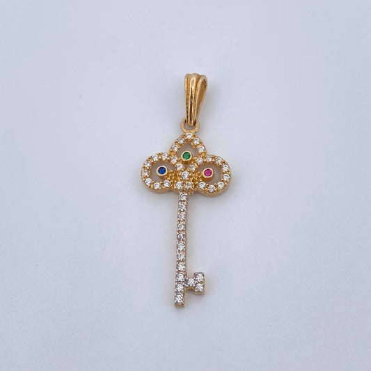 Dije Llave 1.4gr / 3.2cm / Circones De Colores Dos Oros Amarillo  Blanco 18K &