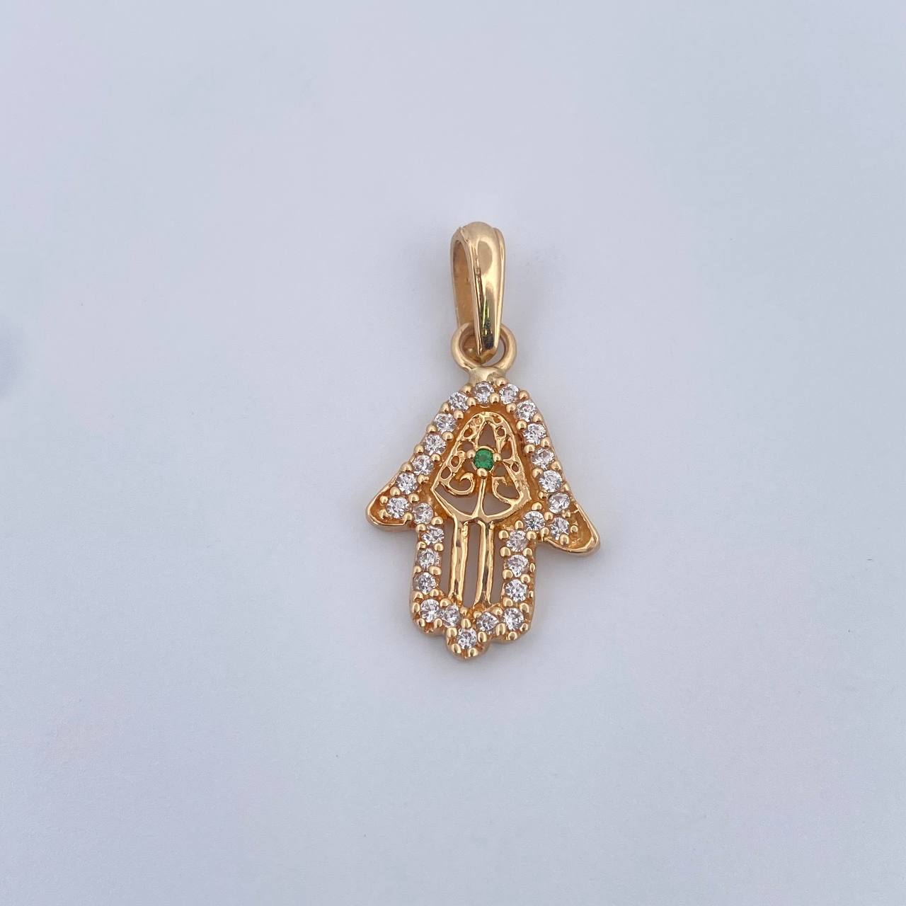 Dije Mano Hamsa 1.6gr / 2.6cm / Circones Blancos Verde Oro Amarillo 18K &