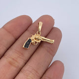 Dije Arma Revolver 2.7gr / 2.2cm / Circones Negros Oro Amarillo 18K &