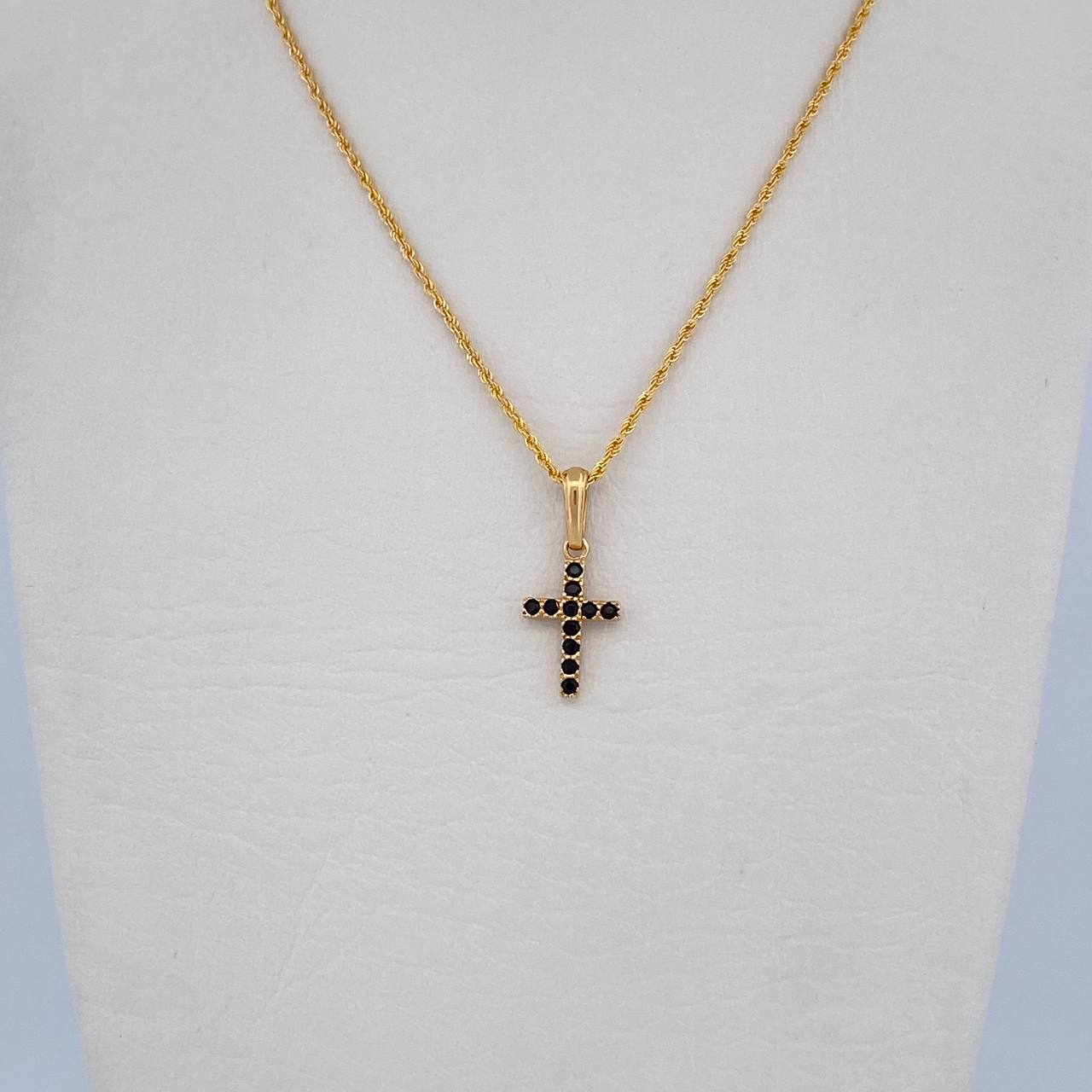 Set Cadena Lazo 0.9gr / 45cm / 0.9mm + Dije Cruz 0.75gr / 2cm Circones Negros Oro Amarillo 18K (Oferta) &