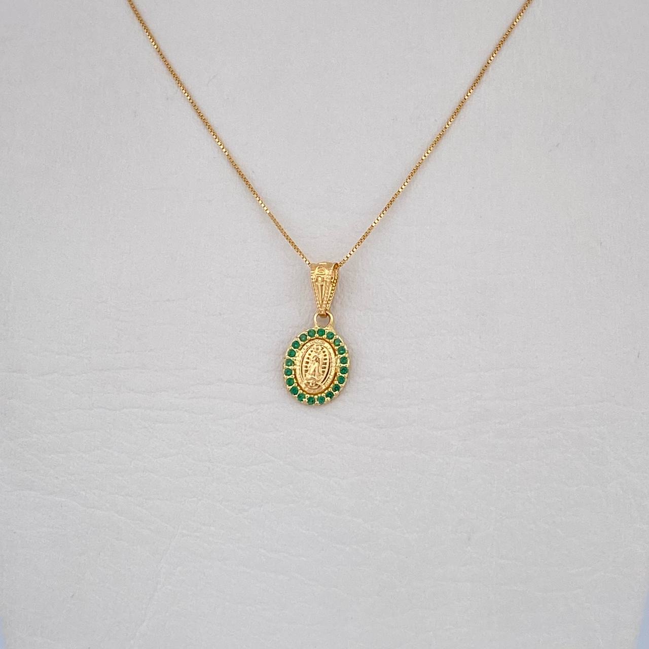 Set Cadena Veneciana 1.05gr/45cm/0.5mm + Dije Virgen Guadalupe 0.7gr/1.8cm Circones Verdes Oro Amarillo 18K (Oferta) &