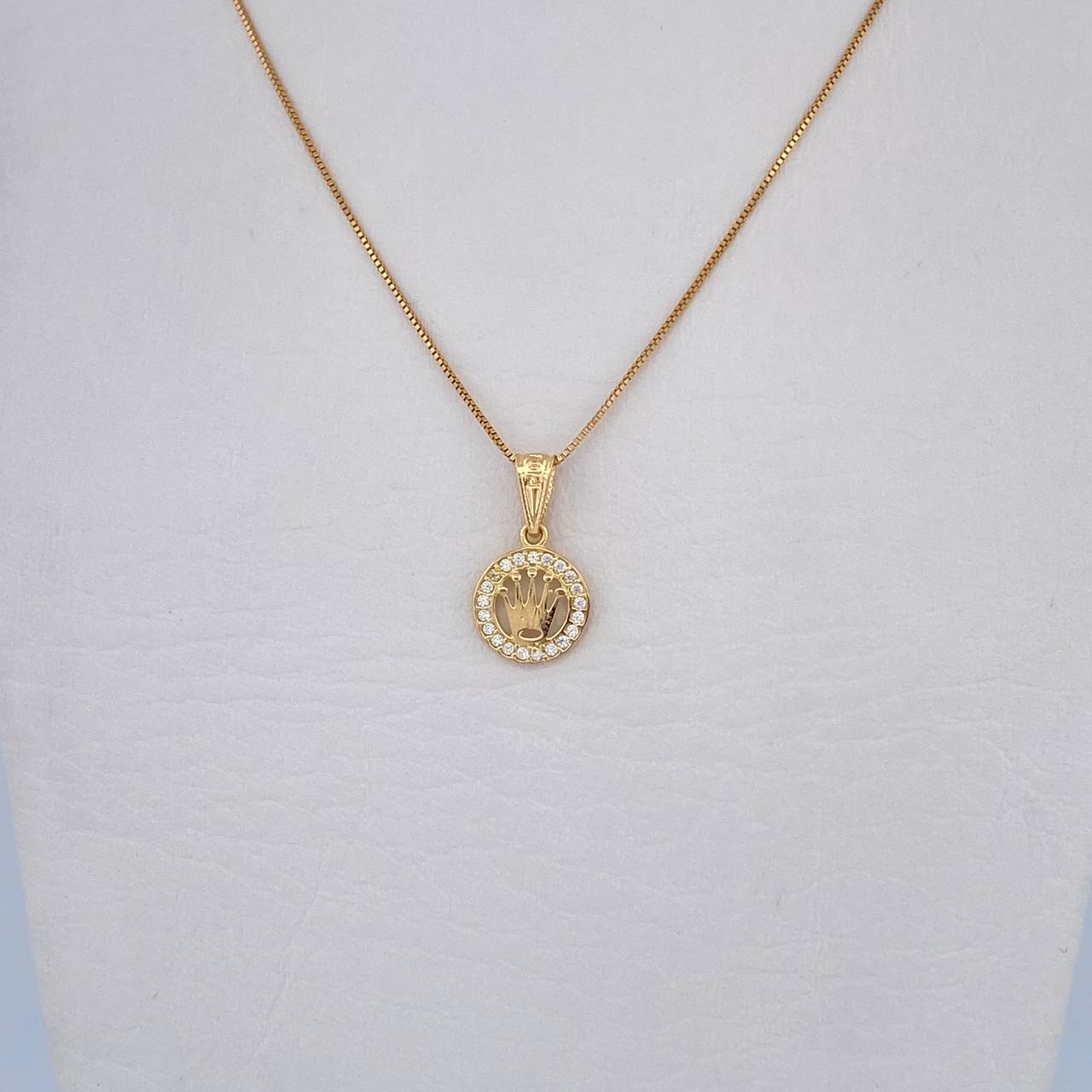 Set Cadena Veneciana 2gr / 61.7cm / 0.5mm + Dije Corona RX 0.75gr / 1.6cm Circones Blancos Oro Amarillo 18K (Oferta) &