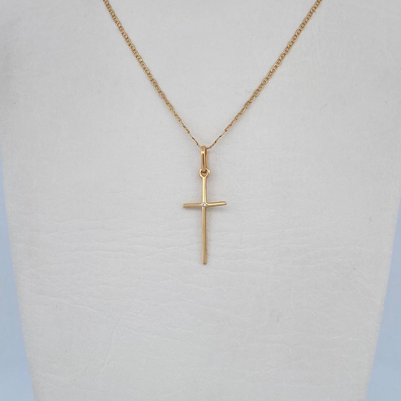 Set Cadena Escalera 1.35gr / 45cm / 0.9mm + Dije Cruz 0.55gr / 2.8cm Circon Blanco Oro Amarillo 18K (Oferta) &