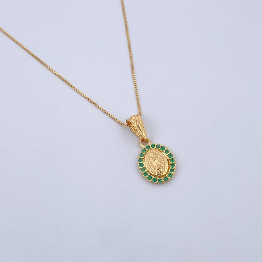 Set Cadena Veneciana 1.05gr/45cm/0.5mm + Dije Virgen Guadalupe 0.7gr/1.8cm Circones Verdes Oro Amarillo 18K (Oferta) &