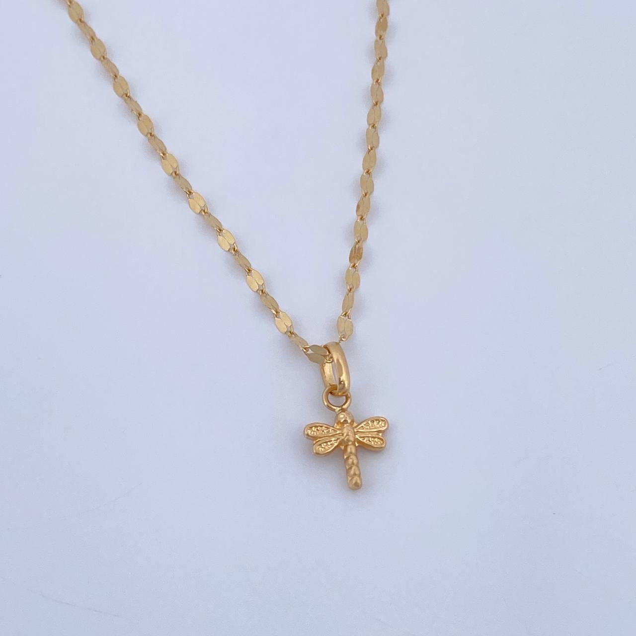 Set Cadena Flor Espejo 0.95gr / 40cm / 1.5mm + Dije Libelula 0.4gr / 1.4mm Troquelado Oro Amarillo 18K (Oferta) &