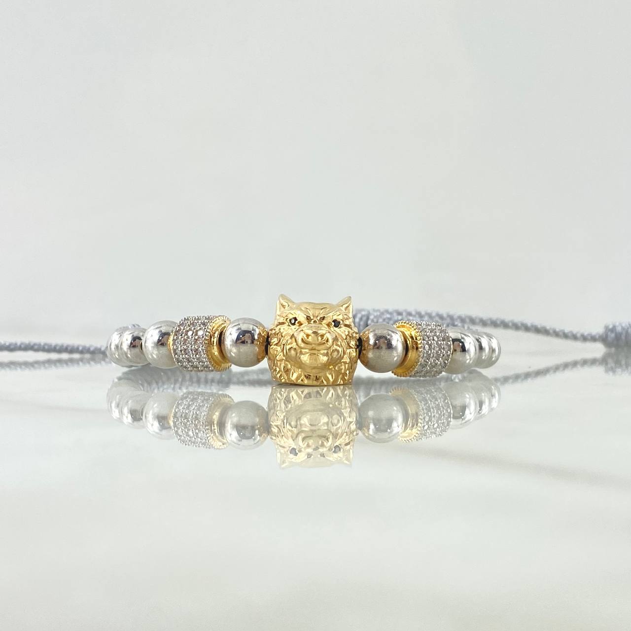 Pulsera Gris Herraje Lobo 8gr / 5mm-6mm Bolas Lisas 12und Circones Blancos Dos Oros Amarillo Blanco 18K  *