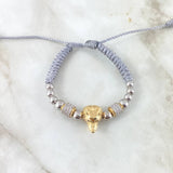 Pulsera Gris Herraje Lobo 8gr / 5mm-6mm Bolas Lisas 12und Circones Blancos Dos Oros Amarillo Blanco 18K  *