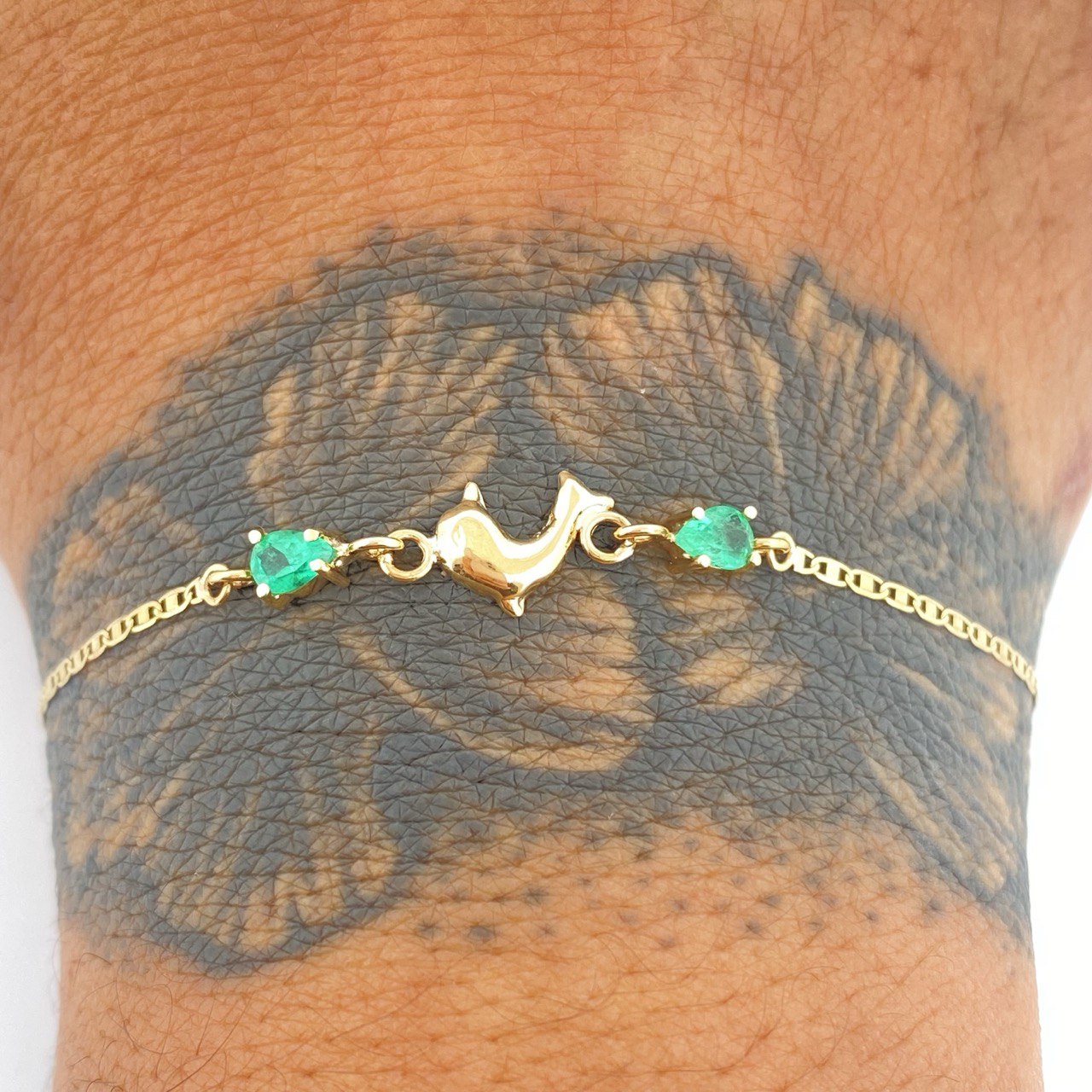 Pulso Escalera Plana Delfin Esmeralda 1.35gr / 18cm / Oro Amarillo 18K %