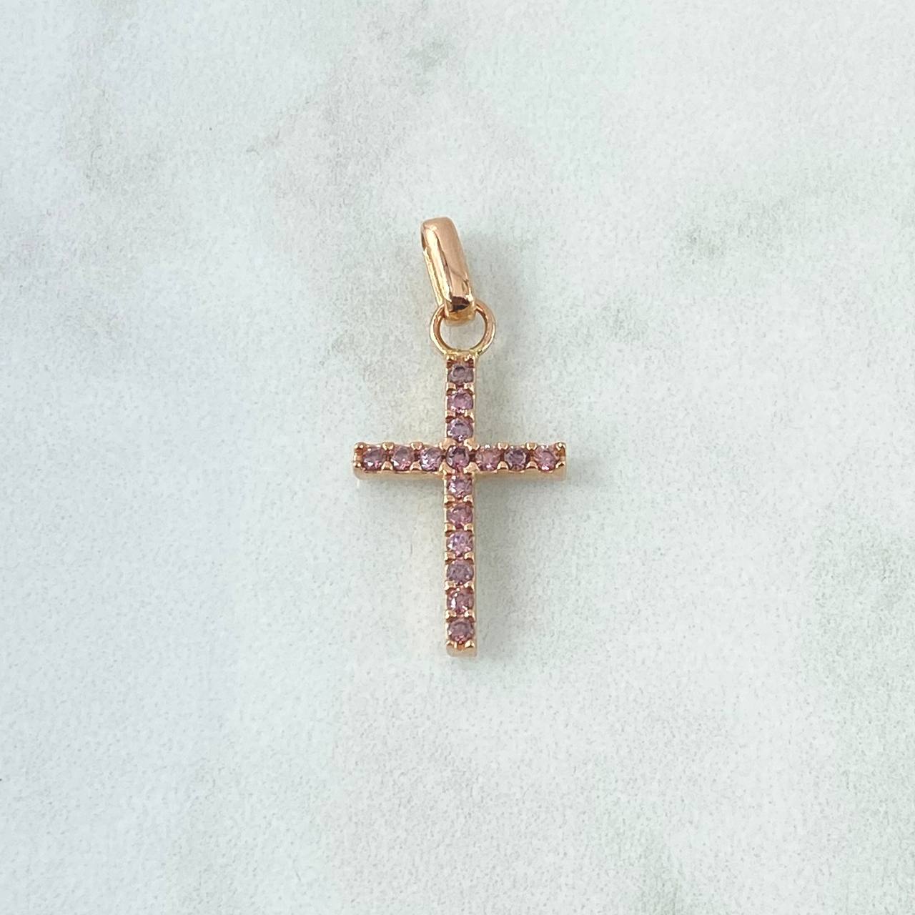 Dije Cruz Tupida 1.7gr / 2.8cm / Circones Rosas Y Blancos Oro Rosa 18K