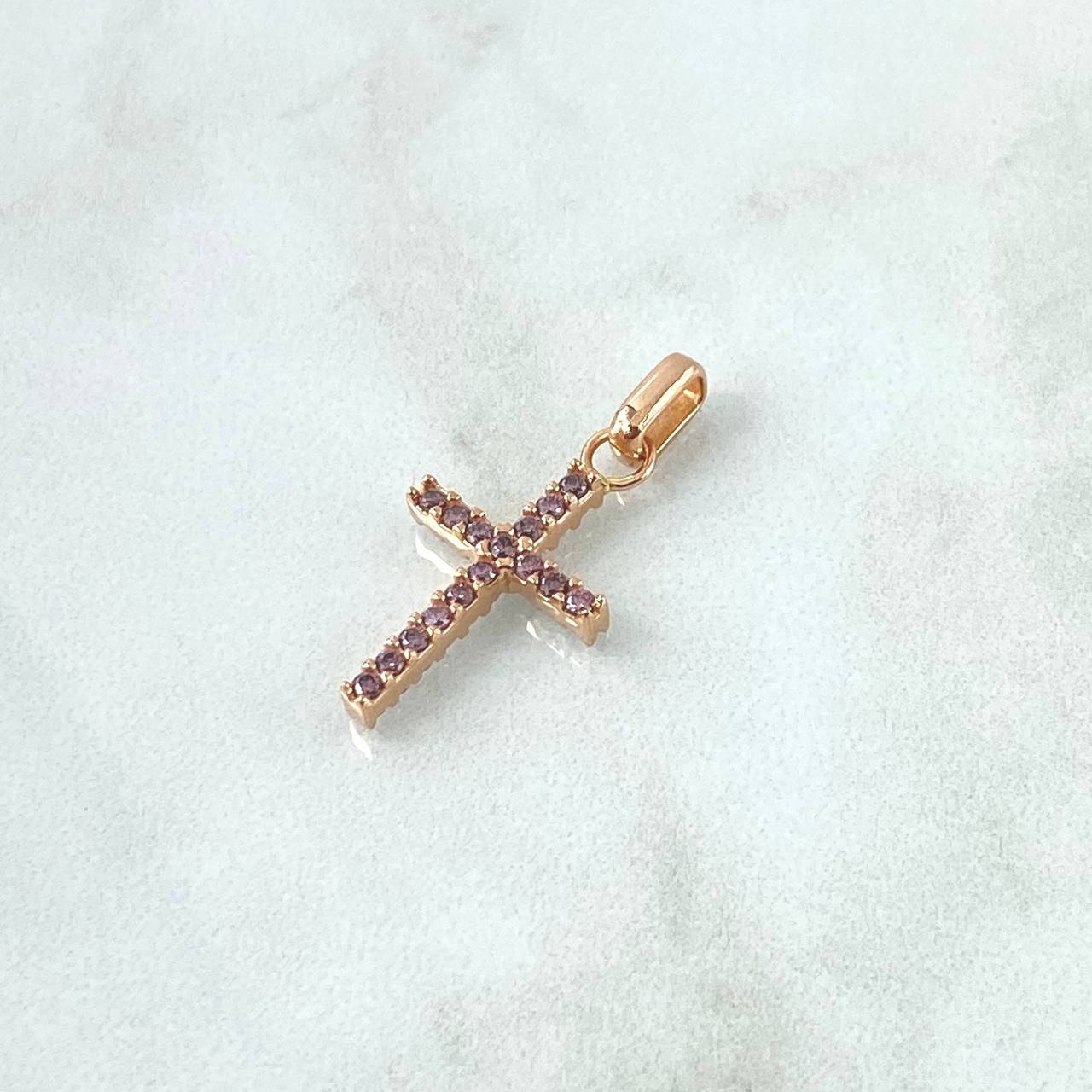 Dije Cruz Tupida 1.7gr / 2.8cm / Circones Rosas Y Blancos Oro Rosa 18K