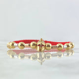 Pulsera Roja Herraje Casco Gladiador 3.6gr / 6mm Bolas Cilindros Diamantados-Lisos 14und Circones Blancos Tres Oros 18K