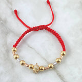 Pulsera Roja Herraje Casco Gladiador 3.6gr / 6mm Bolas Cilindros Diamantados-Lisos 14und Circones Blancos Tres Oros 18K