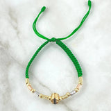 Pulsera Verde Herraje Signo de Peso 2.8gr / 3mm Bola Cilindros 16und Diamantados Circones Blancos Verdes Tres Oros 18K