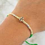 Pulsera Verde Herraje Signo de Peso 2.8gr / 3mm Bola Cilindros 16und Diamantados Circones Blancos Verdes Tres Oros 18K