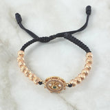 Pulsera Negra Herraje Timon 6.15gr / 6mm Bolas Diamantadas 14und Circones Blancos Verde Dos Oros Amarillo Rosa 18K ©