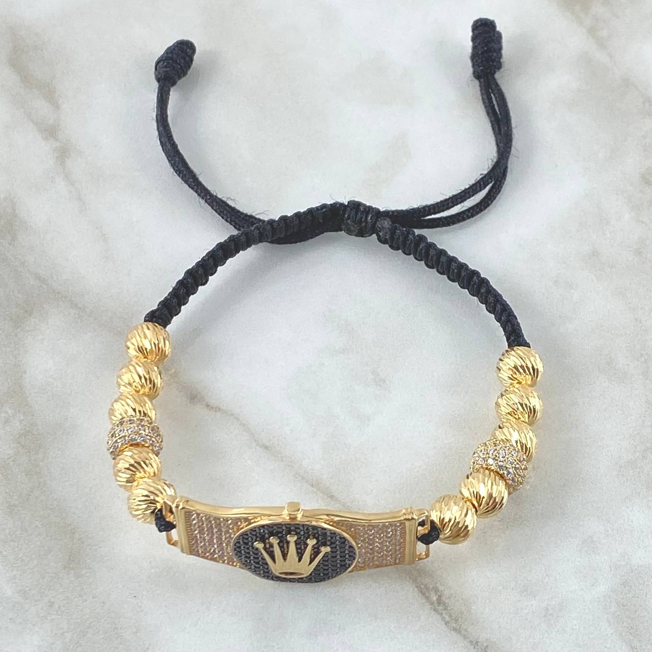 Pulsera Negra Herraje Cinturon Corona 11gr / 7mm Bolas Diamantadas 10und Circones Blancos Negros Oro Amarillo 18K ©